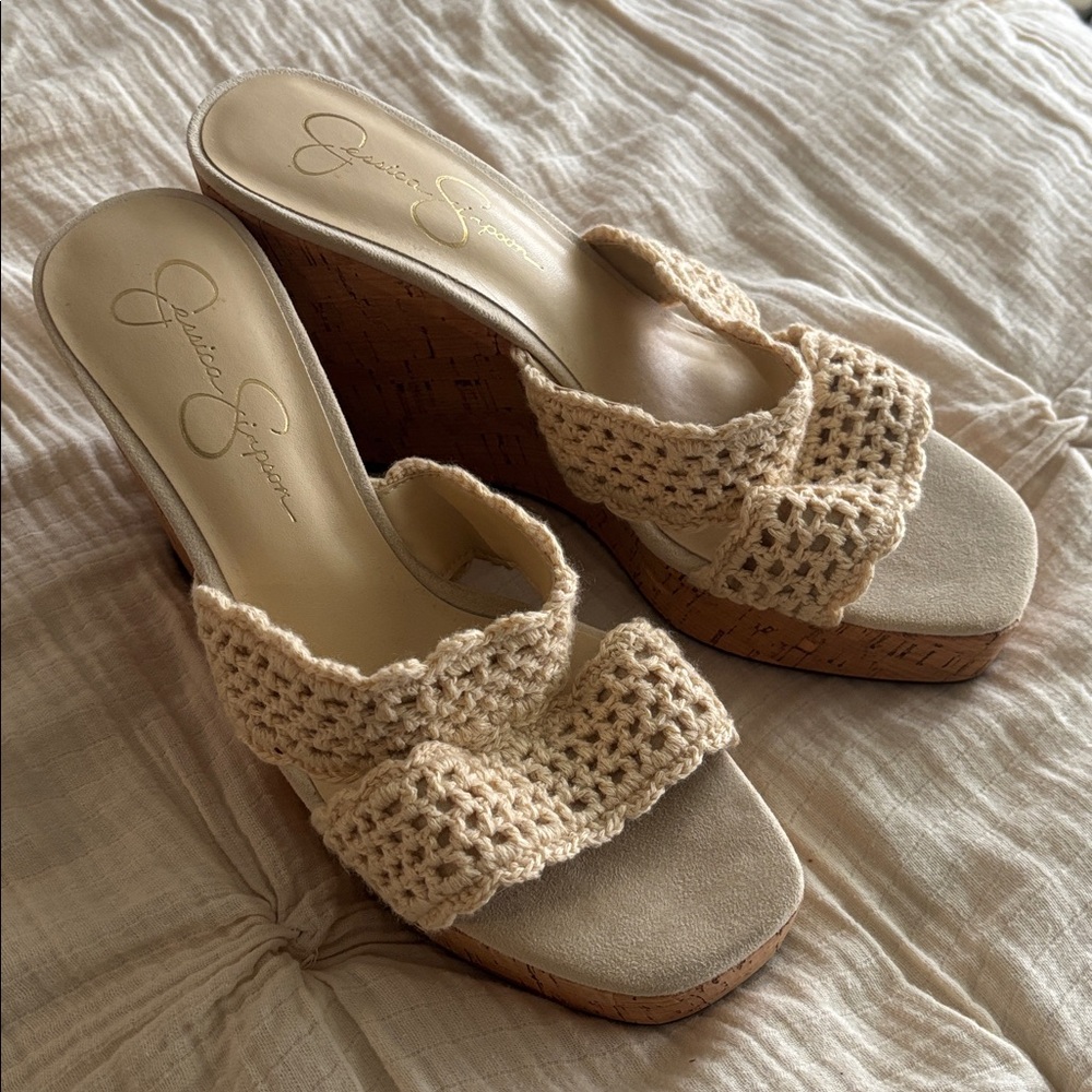 Jessica Simpson Cream Crochet Wedge Sandals